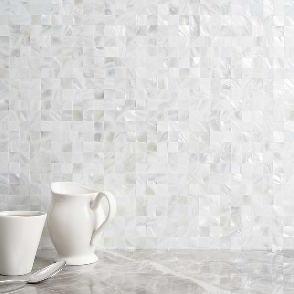 Pearl Seamless Squares White; in White Freshwater Pearl Shell; for Backsplash, Bathroom Wall, Kitchen Wall, Wall Tile; in Style Ideas Beach