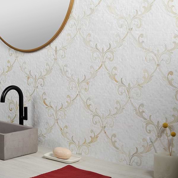 Regalia White Thassos & White Onyx; in White and Gold Carrara + Thassos; for Backsplash, Bathroom Floor, Bathroom Wall, Commercial Floor, Floor Tile, Kitchen Floor, Kitchen Wall, Outdoor Wall, Shower Floor, Shower Wall, Wall Tile; in Style Ideas Mid Century, Transitional