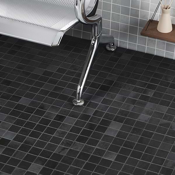 Revive Black Iron 2x2; in Black Porcelain; for Backsplash, Bathroom Floor, Bathroom Wall, Commercial Floor, Floor Tile, Kitchen Floor, Kitchen Wall, Outdoor Wall, Shower Floor, Shower Wall, Wall Tile; in Style Ideas Craftsman, Industrial, Mid Century, Rustic