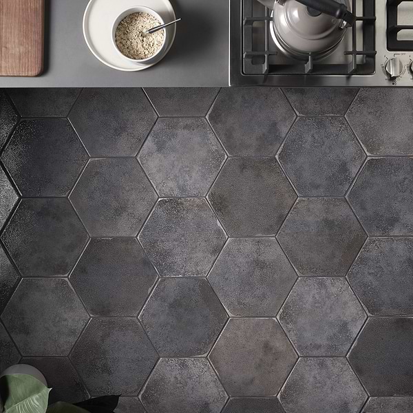 Oken Antracite 9" Hexagon; in Charcoal Porcelain; for Backsplash, Bathroom Floor, Bathroom Wall, Floor Tile, Kitchen Floor, Kitchen Wall, Outdoor Floor, Outdoor Wall, Pool Tile, Shower Floor, Shower Wall, Wall Tile; in Style Ideas Contemporary, Industrial, Mid Century, Transitional