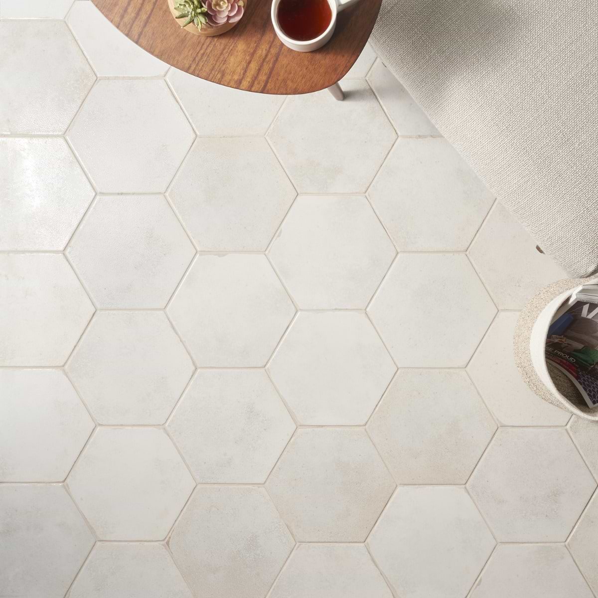 Oken White 9" Hexagon; in White Porcelain; for Backsplash, Bathroom Floor, Bathroom Wall, Floor Tile, Kitchen Floor, Kitchen Wall, Outdoor Floor, Outdoor Wall, Pool Tile, Shower Wall, Wall Tile; in Style Ideas Contemporary, Industrial, Mid Century, Transitional
