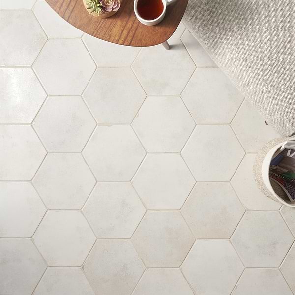 Oken White 9" Hexagon; in White Porcelain; for Backsplash, Bathroom Floor, Bathroom Wall, Floor Tile, Kitchen Floor, Kitchen Wall, Outdoor Floor, Outdoor Wall, Pool Tile, Shower Wall, Wall Tile; in Style Ideas Contemporary, Industrial, Mid Century, Transitional