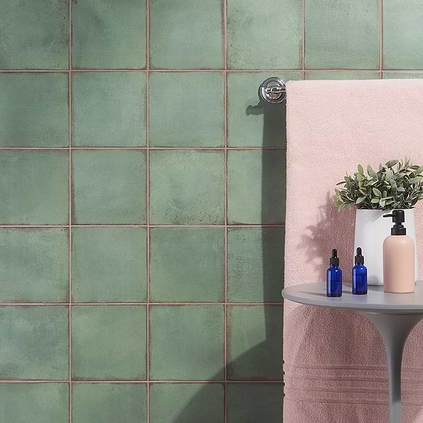 Bernalillo Green 8x8; in Green Porcelain; for Backsplash, Bathroom Floor, Bathroom Wall, Commercial Floor, Floor Tile, Kitchen Floor, Kitchen Wall, Outdoor Floor, Outdoor Wall, Shower Wall, Wall Tile; in Style Ideas Beach, Cottage, Farmhouse, Industrial, Mediterranean, Mid Century, Traditional, Tropical