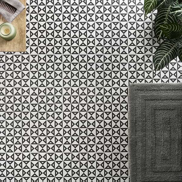 Film Angle Positive 8x8; in Black and White Porcelain; for Backsplash, Bathroom Floor, Bathroom Wall, Floor Tile, Kitchen Floor, Kitchen Wall, Outdoor Floor, Outdoor Wall, Shower Wall, Wall Tile; in Style Ideas Art Deco, Contemporary, Mid Century, Modern, Transitional