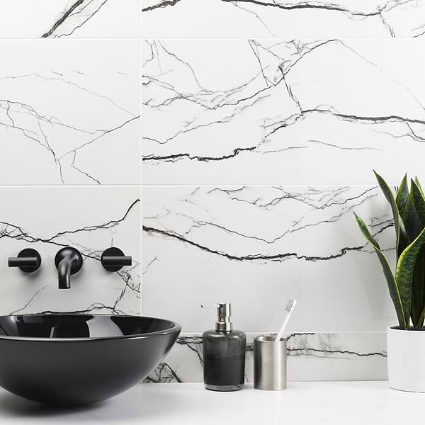 Black + White Breach 12x24 Polished; in Black, White Porcelain; for Backsplash, Bathroom Floor, Bathroom Wall, Commercial Floor, Floor Tile, Kitchen Floor, Kitchen Wall, Outdoor Wall, Shower Wall, Wall Tile; in Style Ideas Art Deco, Traditional, Transitional, Whimsical