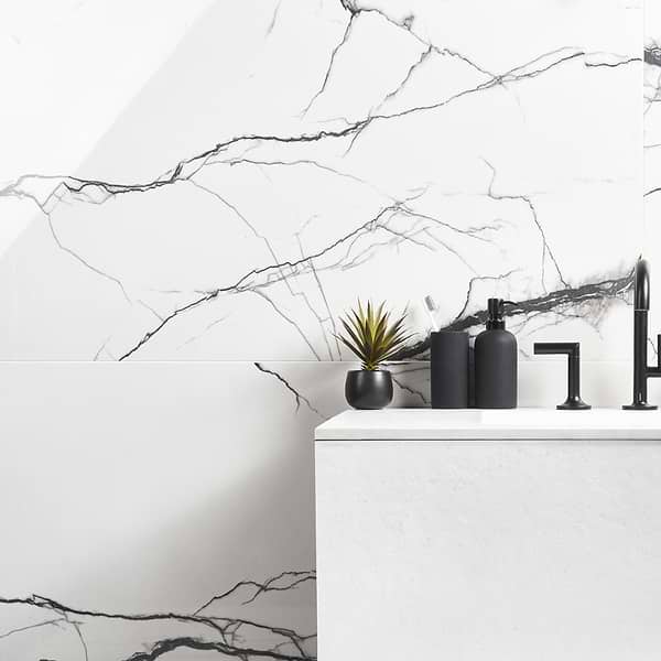 Black + White Breach 24x48 Polished; in Black, White Porcelain; for Backsplash, Bathroom Wall, Commercial Floor, Floor Tile, Kitchen Floor, Kitchen Wall, Outdoor Wall, Shower Wall, Wall Tile; in Style Ideas Art Deco, Traditional, Transitional, Whimsical