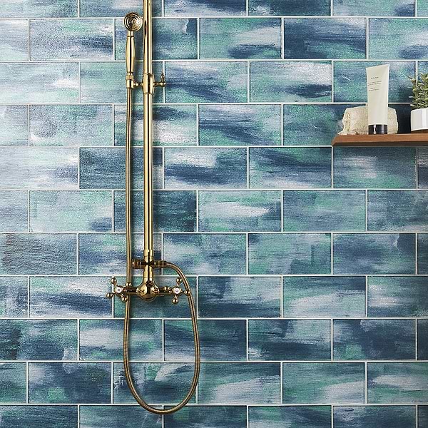 Embrace Aqua 4x9; in Blue Glass; for Backsplash, Bathroom Wall, Kitchen Wall, Wall Tile; in Style Ideas Contemporary, Mid Century, Modern, Transitional