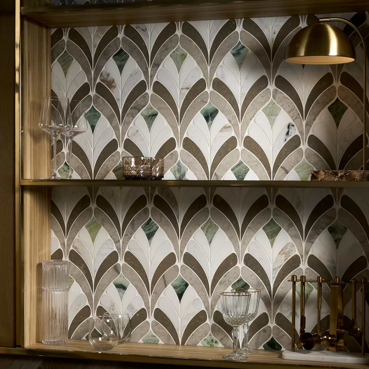 Rosalia Grigio Floral Waterjet Mosaic; in White, Beige & Cream, Gray, Green White Thassos, Alaska White, Bulgarian Gray, Tunisia Gray, Jade Green; for Backsplash, Bathroom Floor, Bathroom Wall, Floor Tile, Kitchen Floor, Kitchen Wall, Outdoor Wall, Wall Tile; in Style Ideas Mid Century, Traditional, Whimsical