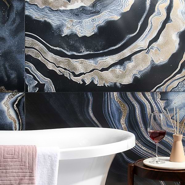 Close Out - Deco Agate Night 24x48; in Black Porcelain; for Backsplash, Bathroom Wall, Kitchen Wall, Shower Wall, Wall Tile; in Style Ideas Art Deco, Contemporary, Modern, Transitional, Tropical, Whimsical