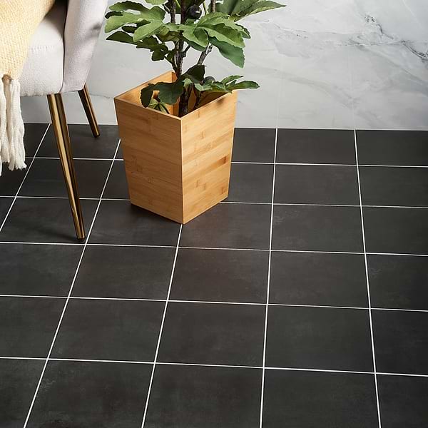 GeoPrism Cement Black 8x8 by Elizabeth Sutton; in Chracoal Porcelain; for Backsplash, Bathroom Floor, Bathroom Wall, Commercial Floor, Floor Tile, Kitchen Floor, Kitchen Wall, Outdoor Floor, Outdoor Wall, Shower Floor, Shower Wall, Wall Tile; in Style Ideas Art Deco, Contemporary, Mid Century, Modern, Transitional, Whimsical