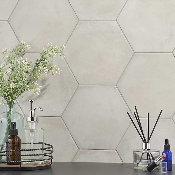 Banza Gray Sabbia 8" Hex; in Gray Porcelain; for Backsplash, Bathroom Floor, Bathroom Wall, Commercial Floor, Floor Tile, Kitchen Floor, Kitchen Wall, Outdoor Floor, Outdoor Wall, Pool Tile, Shower Floor, Shower Wall, Wall Tile; in Style Ideas Classic, Contemporary, Craftsman, Industrial, Mediterranean, Mid Century, Modern, Traditional, Transitional, Tropical