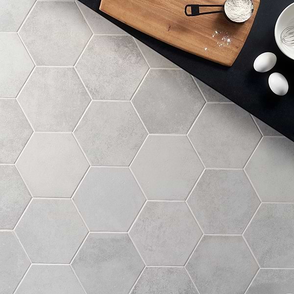 Pompeia Blanco 8" Hex; in White Porcelain; for Backsplash, Bathroom Floor, Bathroom Wall, Commercial Floor, Floor Tile, Kitchen Floor, Kitchen Wall, Outdoor Floor, Outdoor Wall, Pool Tile, Shower Floor, Shower Wall, Wall Tile; in Style Ideas Classic, Craftsman, Mediterranean, Rustic