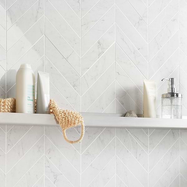 Lithe Carrara Giola 2x8 Chevron Polished; in White and Gray Porcelain; for Backsplash, Bathroom Floor, Bathroom Wall, Commercial Floor, Floor Tile, Kitchen Floor, Kitchen Wall, Outdoor Floor, Outdoor Wall, Pool Tile, Shower Floor, Shower Wall, Wall Tile; in Style Ideas Art Deco, Beach, Classic, Contemporary, Craftsman, Modern, Traditional, Transitional