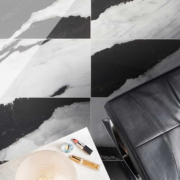 Close Out - Lithe Panda White 12x24 Polished; in Black and White Porcelain; for Backsplash, Bathroom Floor, Bathroom Wall, Commercial Floor, Floor Tile, Kitchen Floor, Kitchen Wall, Outdoor Floor, Outdoor Wall, Shower Floor, Shower Wall, Wall Tile; in Style Ideas Classic, Contemporary, Modern, Traditional, Transitional