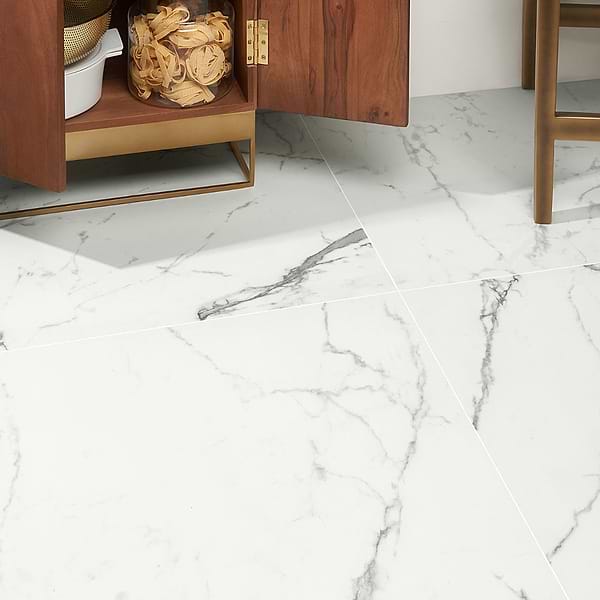 Lithe Statuario Venato 24x24 Matte; in White with Grey Veining Porcelain; for Backsplash, Bathroom Floor, Bathroom Wall, Commercial Floor, Floor Tile, Kitchen Floor, Kitchen Wall, Outdoor Floor, Outdoor Wall, Shower Wall, Wall Tile; in Style Ideas Classic, Contemporary, Modern, Traditional, Transitional