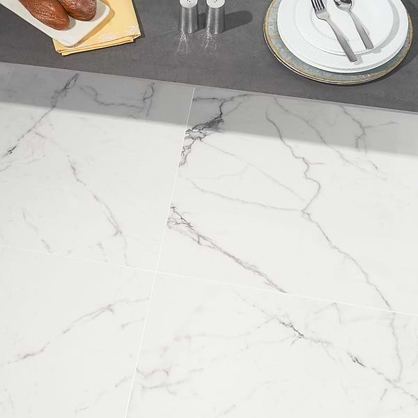 Lithe Statuario Venato 24x24 Polished; in White with Grey Veining Porcelain; for Backsplash, Bathroom Floor, Bathroom Wall, Commercial Floor, Floor Tile, Kitchen Floor, Kitchen Wall, Outdoor Floor, Outdoor Wall, Shower Wall, Wall Tile; in Style Ideas Classic, Contemporary, Modern, Traditional, Transitional