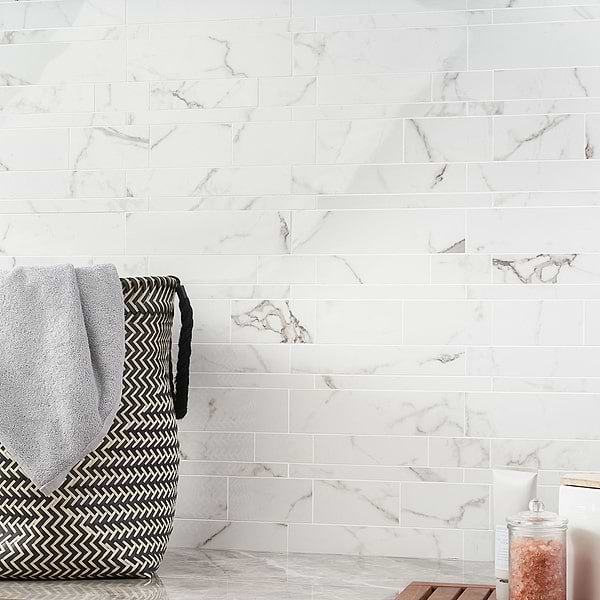 Lithe Statuario Venato Railroad Polished; in White with Grey Veining Porcelain; for Backsplash, Bathroom Floor, Bathroom Wall, Commercial Floor, Floor Tile, Kitchen Floor, Kitchen Wall, Outdoor Floor, Outdoor Wall, Pool Tile, Shower Floor, Shower Wall, Wall Tile; in Style Ideas Classic, Contemporary, Modern, Traditional, Transitional