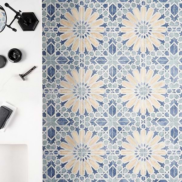 Carino Deco Marla 8x8; in Blue + Green + Yellow Porcelain; for Backsplash, Bathroom Floor, Bathroom Wall, Commercial Floor, Floor Tile, Kitchen Floor, Kitchen Wall, Outdoor Wall, Shower Floor, Shower Wall, Wall Tile; in Style Ideas Cottage, Farmhouse, Traditional