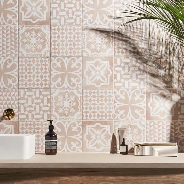 Angela Harris Messina Kasma Terra Crema Decor 8x8 Matte Porcelain; in Beige, White Porcelain; for Backsplash, Bathroom Floor, Bathroom Wall, Floor Tile, Kitchen Floor, Kitchen Wall, Outdoor Floor, Outdoor Wall, Pool Tile, Shower Wall, Wall Tile; in Style Ideas Contemporary, Cottage, Mediterranean, Rustic, Transitional