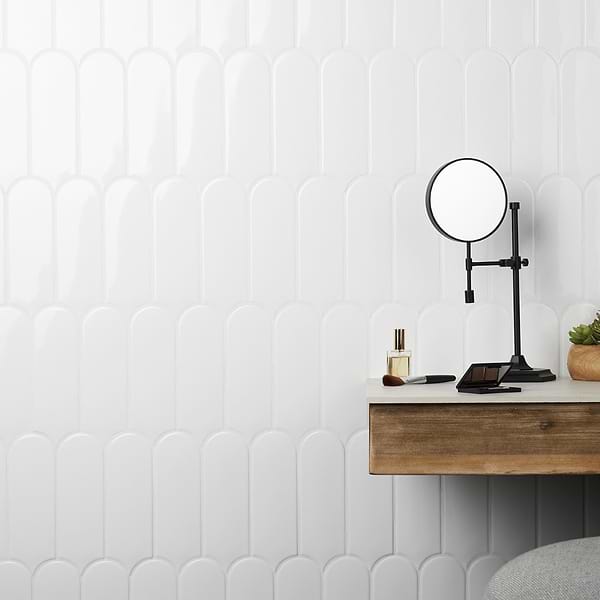 Fan White 3x8 Polished; in White Ceramic; for Backsplash, Bathroom Wall, Kitchen Wall, Shower Wall, Wall Tile; in Style Ideas Art Deco, Contemporary, Mediterranean, Mid Century, Transitional