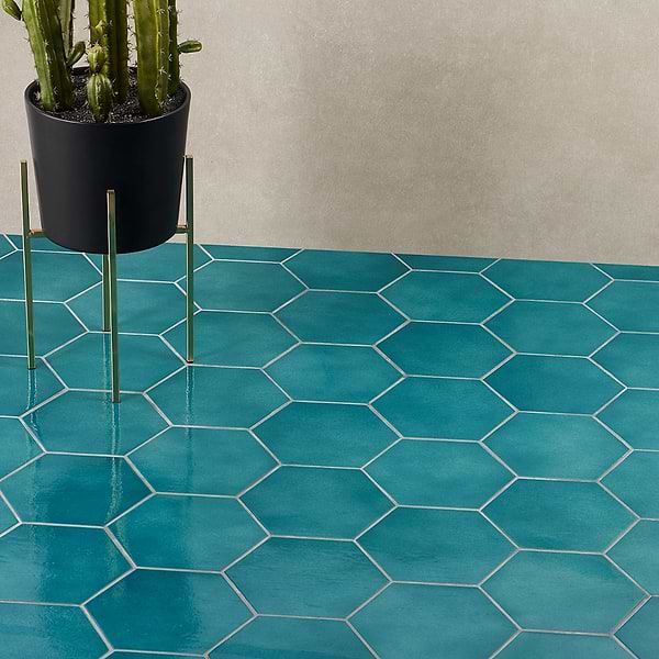 Mare Nostrum Genova Hexagon; in Blue + Turquoise Extruded Porcelain; for Backsplash, Bathroom Floor, Bathroom Wall, Commercial Floor, Floor Tile, Kitchen Floor, Kitchen Wall, Outdoor Floor, Outdoor Wall, Pool Tile, Shower Floor, Shower Wall, Wall Tile; in Style Ideas Beach, Craftsman, Mediterranean, Mid Century, Transitional, Tropical