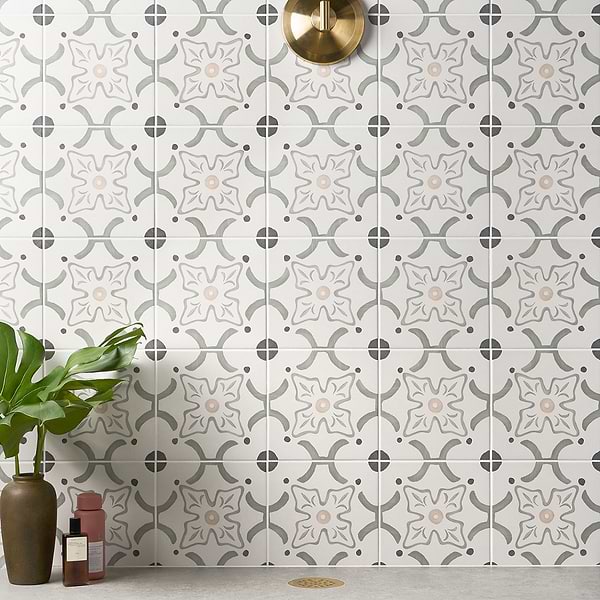 Dhar Flora Green 9x9; in Green, White, Gray, Beige Through Body Porcelain; for Backsplash, Bathroom Floor, Bathroom Wall, Commercial Floor, Floor Tile, Kitchen Floor, Kitchen Wall, Outdoor Floor, Outdoor Wall, Pool Tile, Shower Floor, Shower Wall, Wall Tile; in Style Ideas Beach, Farmhouse, Mediterranean, Modern, Transitional