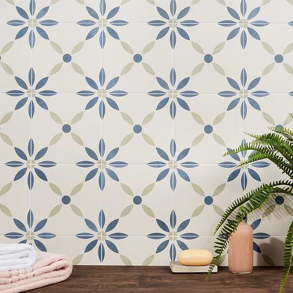 Dhar White Flower 9x9; in Blue + Green + White Porcelain; for Backsplash, Bathroom Floor, Bathroom Wall, Commercial Floor, Floor Tile, Kitchen Floor, Kitchen Wall, Outdoor Floor, Outdoor Wall, Shower Floor, Shower Wall, Wall Tile; in Style Ideas Farmhouse, Mediterranean, Mid Century, Traditional, Transitional