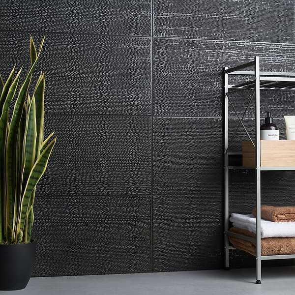 Speak Decoro Leather Black 12x24; in Black Porcelain; for Backsplash, Bathroom Wall, Kitchen Wall, Outdoor Wall, Shower Wall, Wall Tile; in Style Ideas Art Deco, Contemporary, Modern, Transitional