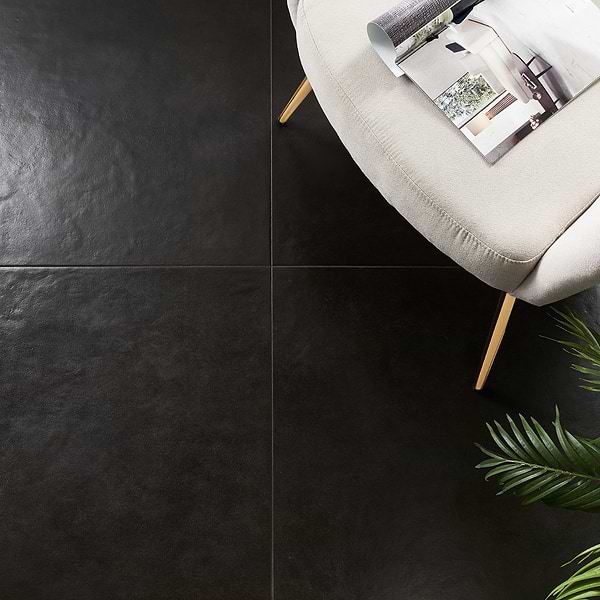 Speak Leather Black 24x24; in Black Porcelain; for Backsplash, Bathroom Floor, Bathroom Wall, Commercial Floor, Floor Tile, Kitchen Floor, Kitchen Wall, Shower Floor, Shower Wall, Wall Tile; in Style Ideas Art Deco, Contemporary, Industrial, Modern, Transitional