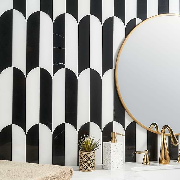 Zarahi Nero - Nero Marquina & Royal White; in Black + White Marble; for Backsplash, Bathroom Floor, Bathroom Wall, Commercial Floor, Floor Tile, Kitchen Floor, Kitchen Wall, Outdoor Floor, Outdoor Wall, Shower Floor, Shower Wall, Wall Tile; in Style Ideas Art Deco, Contemporary, Modern
