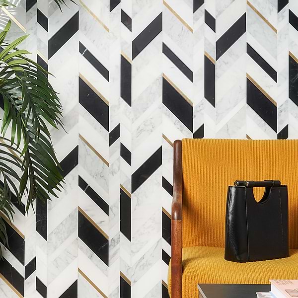 Zayden Nero Blanco - White Carrara, Nero Marquina, Asian Statuary, & Brass; in Black, White, Gray and Gold White Carrara + Nero Marquina + Asian Statuary + Brass; for Backsplash, Bathroom Wall, Kitchen Wall, Outdoor Wall, Wall Tile; in Style Ideas Art Deco, Craftsman, Mid Century