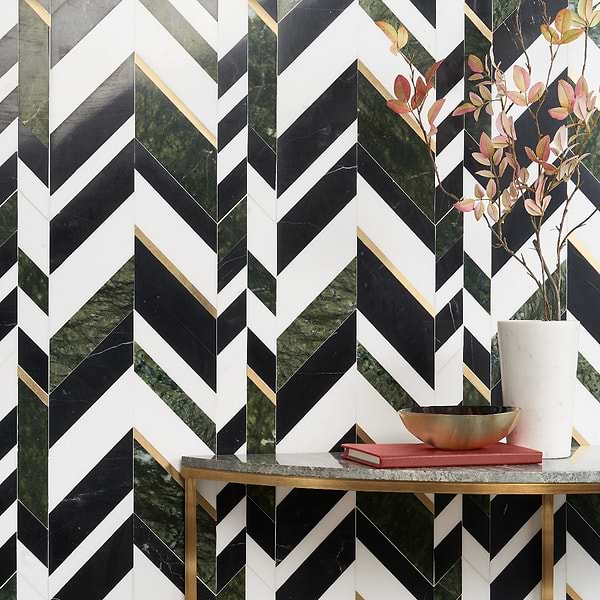 Zayden Verde Jade - Nero Marquina, White Thassos, Dandong Green, & Brass; in Black, Green, White, Gold Nero Marquina + White Thassos + Dandong Green + Brass; for Backsplash, Bathroom Wall, Kitchen Wall, Outdoor Wall, Wall Tile; in Style Ideas Art Deco, Craftsman, Mid Century