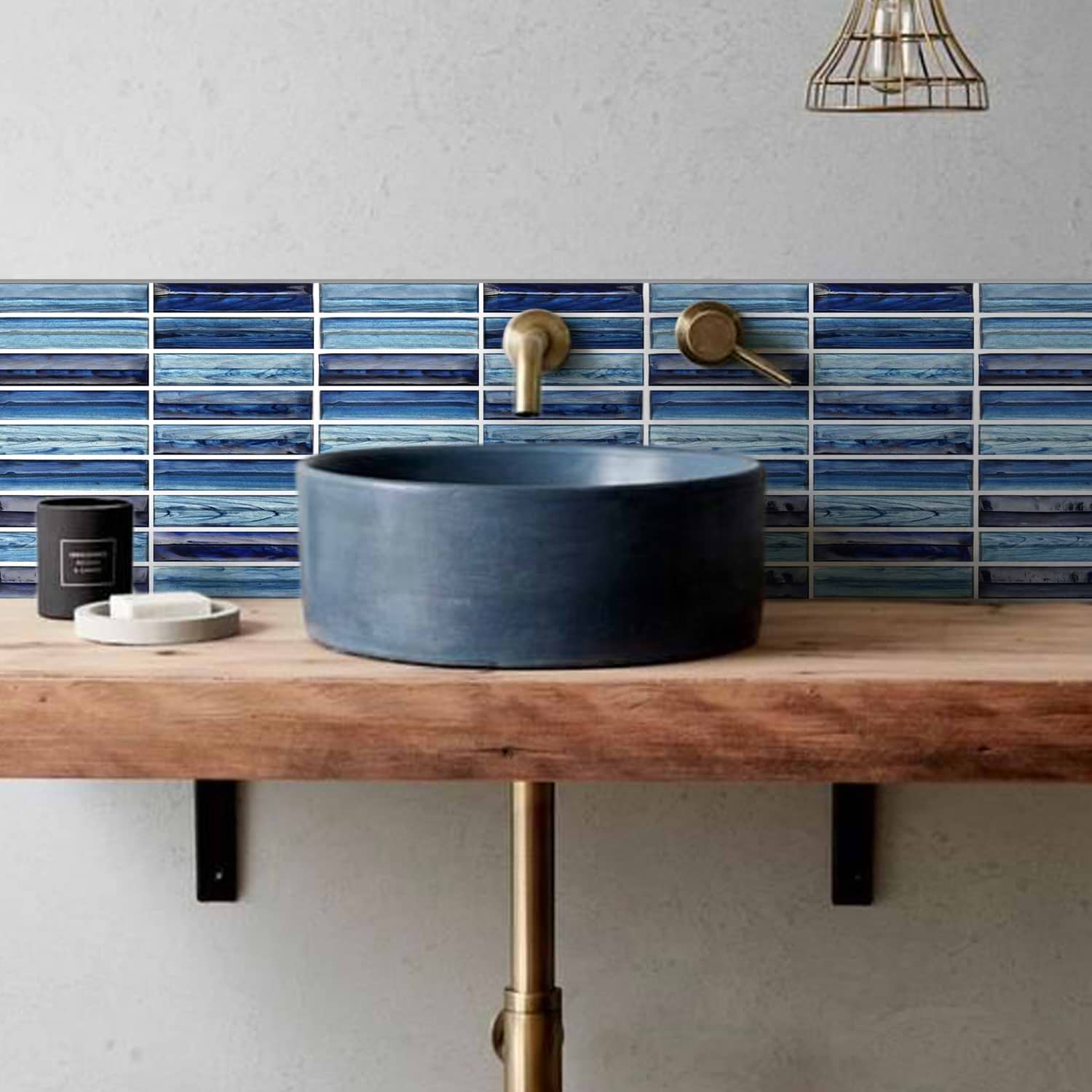Shop Close Out - Brook Stacked Azur Blue 1x5 Polished Glass Mosaic