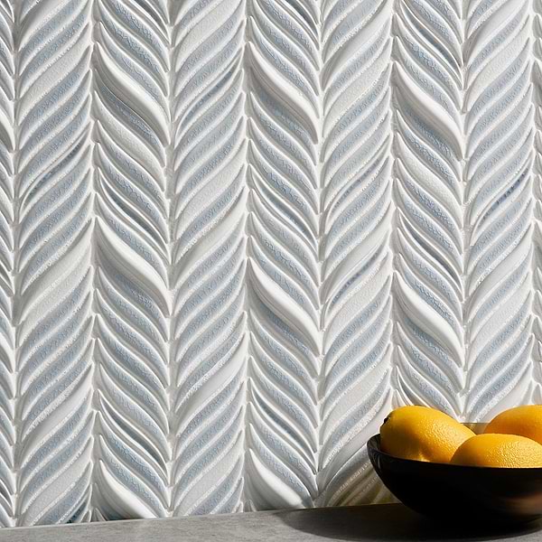 Baroque Glass Petals Sky; in Light Blue, White Crackled Glass; for Backsplash, Bathroom Wall, Kitchen Wall, Shower Wall, Wall Tile; in Style Ideas Mid Century, Transitional, Tropical