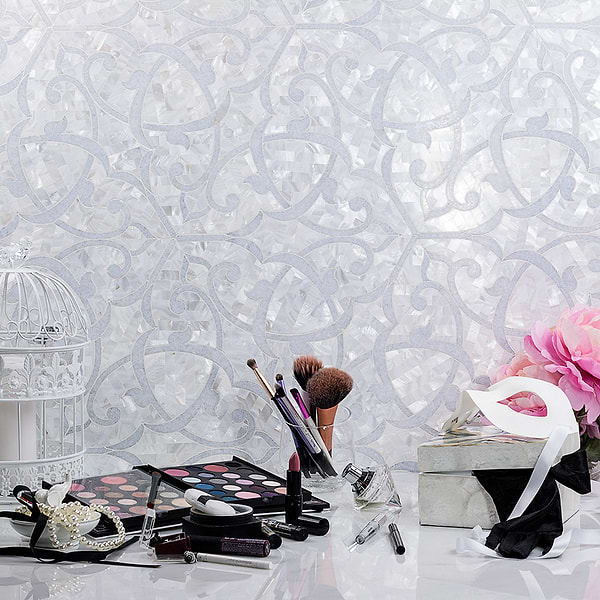 MJ Shambhala - Mother of Pearl & Blue Celeste; in White Blue Marble; for Backsplash, Bathroom Wall, Kitchen Wall, Shower Wall, Wall Tile; in Style Ideas Craftsman, Traditional, Transitional