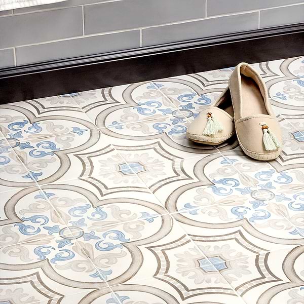 Decor Daiza White 8x8; in Gray + White + Blue Porcelain; for Backsplash, Bathroom Floor, Bathroom Wall, Commercial Floor, Floor Tile, Kitchen Floor, Kitchen Wall, Outdoor Floor, Outdoor Wall, Shower Floor, Shower Wall, Wall Tile; in Style Ideas Farmhouse, Mid Century