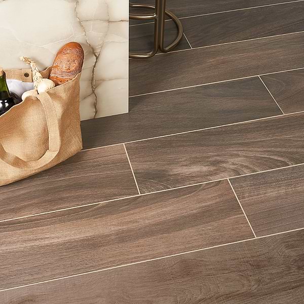 Crestwood Walnut 8x48; in Walnut + Brown Porcelain; for Backsplash, Bathroom Floor, Bathroom Wall, Commercial Floor, Floor Tile, Kitchen Floor, Kitchen Wall, Outdoor Floor, Outdoor Wall, Pool Tile, Shower Floor, Shower Wall, Wall Tile; in Style Ideas Classic, Contemporary, Farmhouse, Industrial, Rustic, Traditional, Transitional