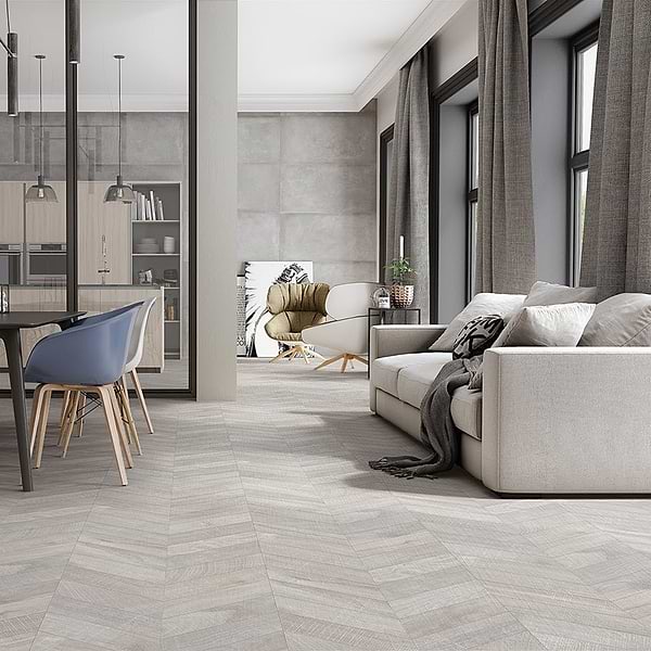 Elan Chevron Grey 24x48; in Gray Colorbody Porcelain; for Backsplash, Bathroom Floor, Bathroom Wall, Commercial Floor, Floor Tile, Kitchen Floor, Kitchen Wall, Outdoor Floor, Outdoor Wall, Pool Tile, Shower Floor, Shower Wall, Wall Tile; in Style Ideas Beach, Classic, Contemporary, Cottage, Craftsman, Farmhouse, Industrial, Mid Century, Modern, Rustic, Traditional, Transitional, Tropical