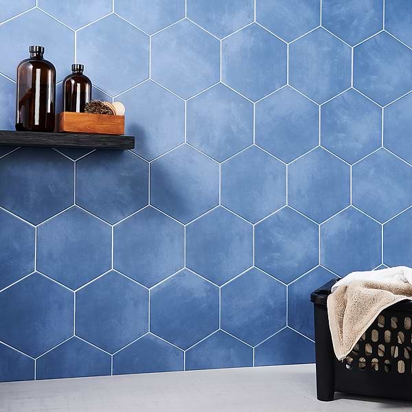 Aries Azul 8" Hex Matte Porcelain; in Blue Porcelain; for Backsplash, Bathroom Floor, Bathroom Wall, Commercial Floor, Floor Tile, Kitchen Floor, Kitchen Wall, Outdoor Floor, Outdoor Wall, Shower Floor, Shower Wall, Wall Tile; in Style Ideas Mid Century, Modern, Transitional, Whimsical