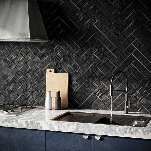Speak Matter Leather Black 3x12; in Black Porcelain; for Backsplash, Bathroom Wall, Kitchen Wall, Outdoor Wall, Shower Wall, Wall Tile; in Style Ideas Contemporary, Craftsman, Industrial, Mid Century, Modern, Transitional