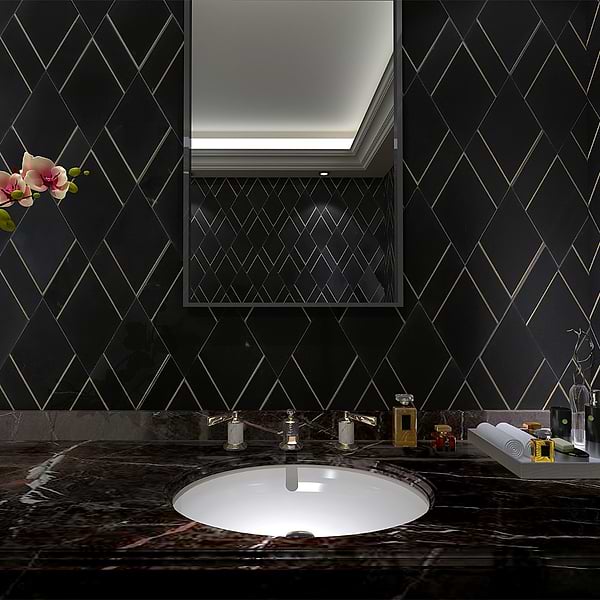 Xena Nero - Nero Marquina & Brass; in Black and Gold Nero Marquina + Brass; for Backsplash, Bathroom Wall, Kitchen Wall, Outdoor Wall, Shower Wall, Wall Tile; in Style Ideas Art Deco, Contemporary