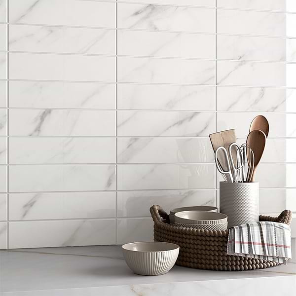Ducale Statuario 3x12 Polished; in White with Gray Veining Ceramic; for Backsplash, Bathroom Wall, Kitchen Wall, Shower Wall, Wall Tile; in Style Ideas Classic, Contemporary, Craftsman, Farmhouse, Mid Century, Modern, Traditional, Transitional