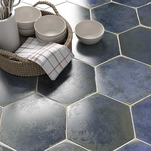 Oken Blue 9" Hexagon Polished Porcelain Tile
