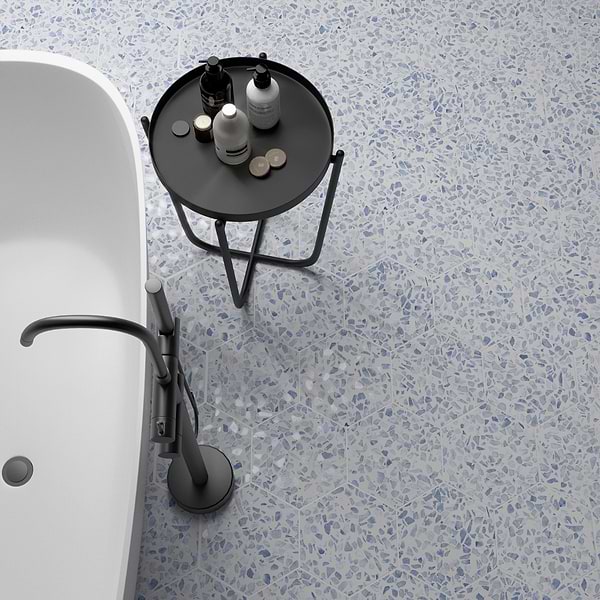 Riazza Hex Blue; in White + Blue Porcelain; for Backsplash, Bathroom Floor, Bathroom Wall, Commercial Floor, Floor Tile, Kitchen Floor, Kitchen Wall, Outdoor Floor, Outdoor Wall, Pool Tile, Shower Floor, Shower Wall, Wall Tile; in Style Ideas Craftsman, Mediterranean, Mid Century, Modern