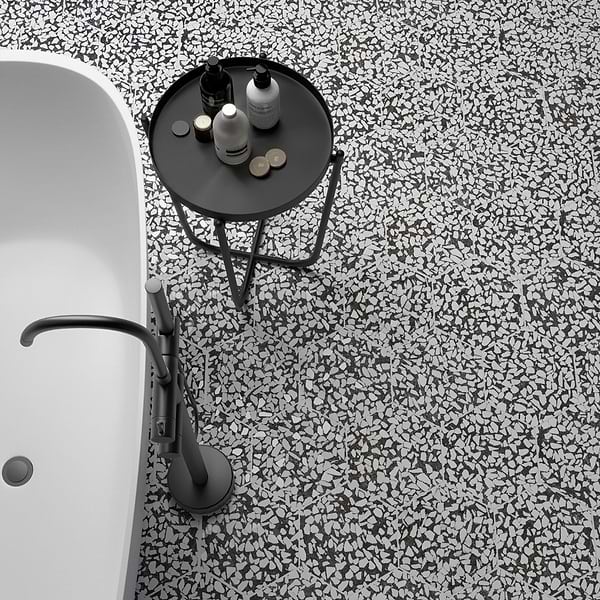 Riazza Hex Nero; in Black + White Porcelain; for Backsplash, Bathroom Floor, Bathroom Wall, Commercial Floor, Floor Tile, Kitchen Floor, Kitchen Wall, Outdoor Floor, Outdoor Wall, Pool Tile, Shower Floor, Shower Wall, Wall Tile; in Style Ideas Craftsman, Mediterranean, Mid Century, Modern