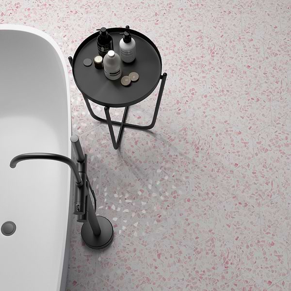 Riazza Hex Pink; in White + Pink Porcelain; for Backsplash, Bathroom Floor, Bathroom Wall, Commercial Floor, Floor Tile, Kitchen Floor, Kitchen Wall, Outdoor Floor, Outdoor Wall, Pool Tile, Shower Floor, Shower Wall, Wall Tile; in Style Ideas Craftsman, Mediterranean, Mid Century, Modern