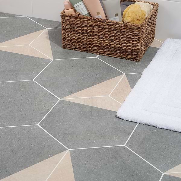 Piaka Wood Graphite 12.5" Hex; in Gray + Tan Porcelain; for Backsplash, Bathroom Floor, Bathroom Wall, Commercial Floor, Floor Tile, Kitchen Floor, Kitchen Wall, Outdoor Floor, Outdoor Wall, Pool Tile, Shower Floor, Shower Wall, Wall Tile; in Style Ideas Contemporary, Craftsman, Industrial, Mid Century, Modern
