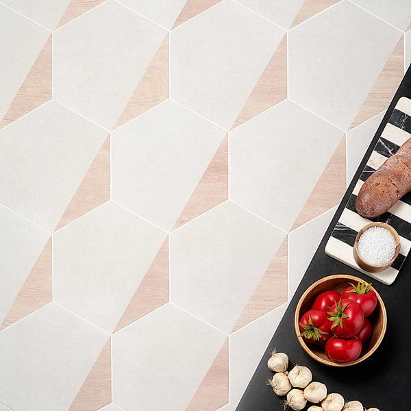 Piaka Wood White 12.5" Hex; in White + Tan Porcelain; for Backsplash, Bathroom Floor, Bathroom Wall, Commercial Floor, Floor Tile, Kitchen Floor, Kitchen Wall, Outdoor Floor, Outdoor Wall, Pool Tile, Shower Floor, Shower Wall, Wall Tile; in Style Ideas Contemporary, Craftsman, Industrial, Mid Century, Modern