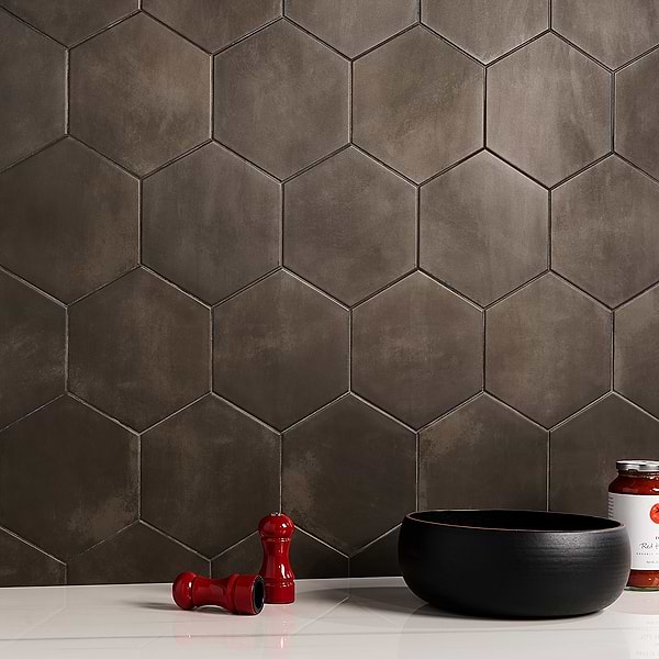 Aries 2.0 Nero 8" Hex Matte Porcelain; in Black Porcelain; for Backsplash, Bathroom Floor, Bathroom Wall, Commercial Floor, Floor Tile, Kitchen Floor, Kitchen Wall, Outdoor Floor, Outdoor Wall, Shower Floor, Shower Wall, Wall Tile; in Style Ideas Mid Century, Modern