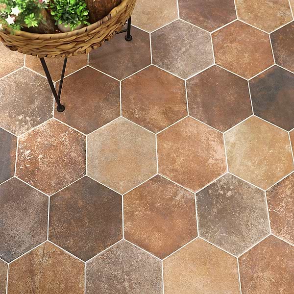 Pompeia Marron 8" Hex; in Brown Porcelain; for Backsplash, Bathroom Floor, Bathroom Wall, Commercial Floor, Floor Tile, Kitchen Floor, Kitchen Wall, Outdoor Wall, Pool Tile, Shower Floor, Shower Wall, Wall Tile; in Style Ideas Classic, Craftsman, Mediterranean, Rustic